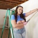 Home Reno: Mandy Waters has already gotten started taping and painting when her handyman Scott Nails arrives. Scott can't stop checking out her curvy body, and soon he's sucking her tits! Mandy gets messy sucking that cock and takes it extra deep as she bends over the stepladder, then gets painted with the handyman's cum.